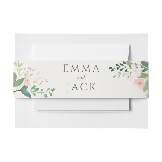 Blush Botanische Waterverf Groen en Bloemen Uitnodigingen Wikkel (Voorkant Voorbeeld)