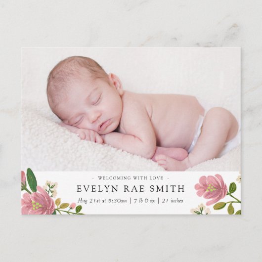 Blush Bouquet Birth Announcement Aankondigingskaart (Voorkant)