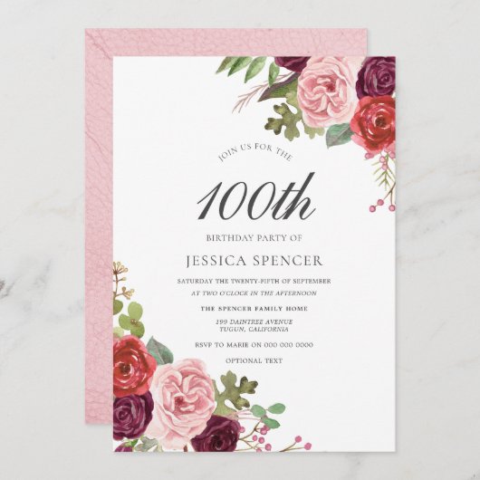 Blush & Bourgogne 100th Birthday Party Invite Kaart (Voorkant / Achterkant)