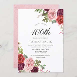 Blush & Bourgogne 100th Birthday Party Invite Kaart