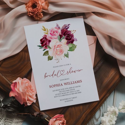 Blush Bourgogne Bloemen Bruidsdouche Uitnodiging