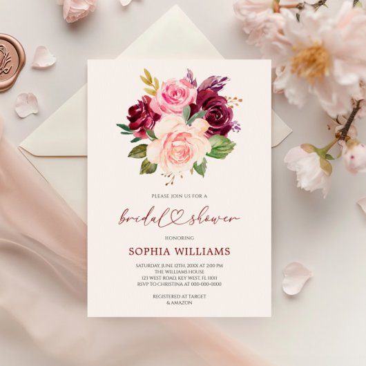 Blush Bourgogne Bloemen Bruidsdouche Uitnodiging