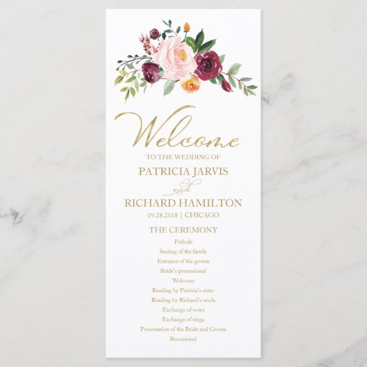 Blush Bourgogne Bloemen Goud Bruiloft Programma Programmakaart (Voorkant)