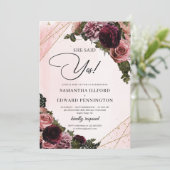 Blush Bourgogne bloemen goud Ze zei ja Kaart (Staand voorkant)