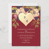 Blush Bourgogne Bloemen Gouden Hart Uitnodiging (Voorkant)