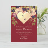 Blush Bourgogne Bloemen Gouden Hart Uitnodiging (Staand voorkant)