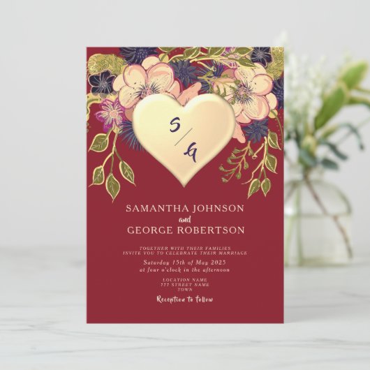 Blush Bourgogne Bloemen Gouden Hart Uitnodiging (Staand voorkant)