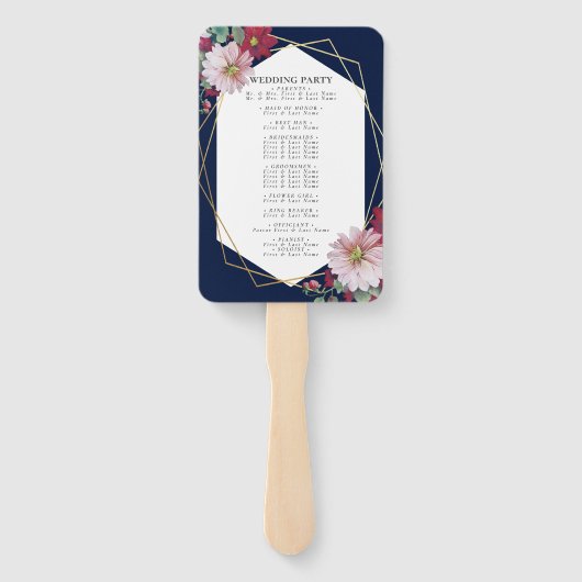 Blush Bourgogne Bloemen Navy Gold huwelijksprogram Handwaaier (Achterkant)
