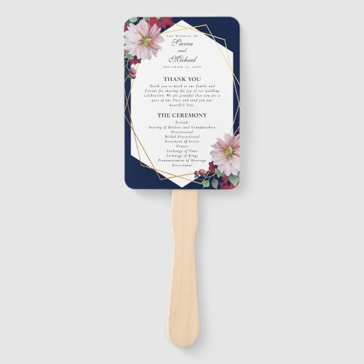 Blush Bourgogne Bloemen Navy Gold huwelijksprogram Handwaaier (Voorkant)