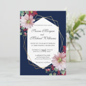 Blush Bourgogne Bloemen Navy Goud Geometrisch Brui Kaart (Staand voorkant)