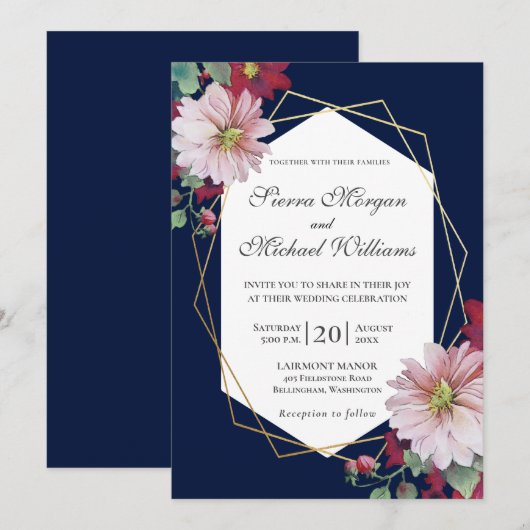 Blush Bourgogne Bloemen Navy Goud Geometrisch Brui Kaart (Voorkant / Achterkant)