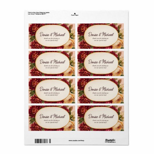 Blush Bourgogne Bloemen Waterverf bruiloft Etiket (Full Sheet)