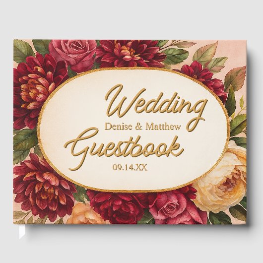 Blush Bourgogne Bloemen Waterverf bruiloft Gastenboek (Voorkant)