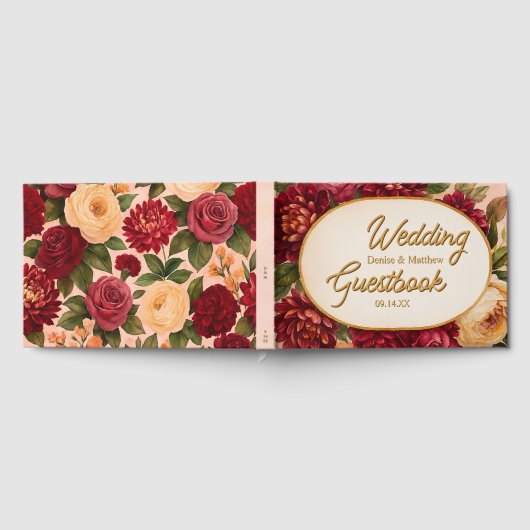 Blush Bourgogne Bloemen Waterverf bruiloft Gastenboek (Volledig)