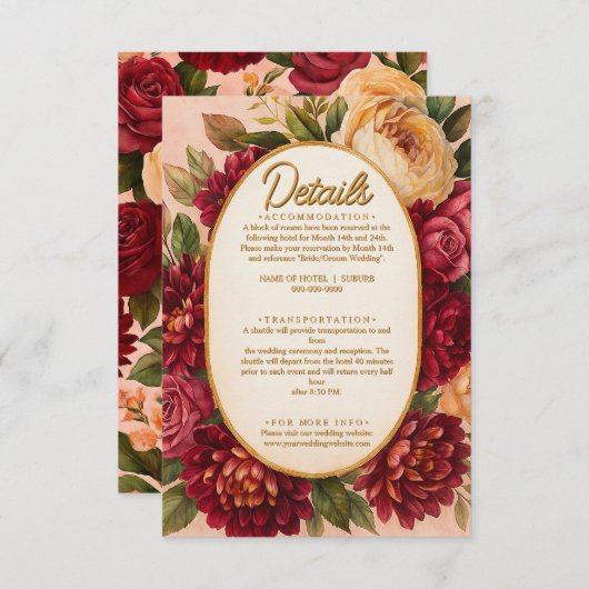 Blush Bourgogne Bloemen Waterverf bruiloft Informatiekaartje (Voorkant / Achterkant)