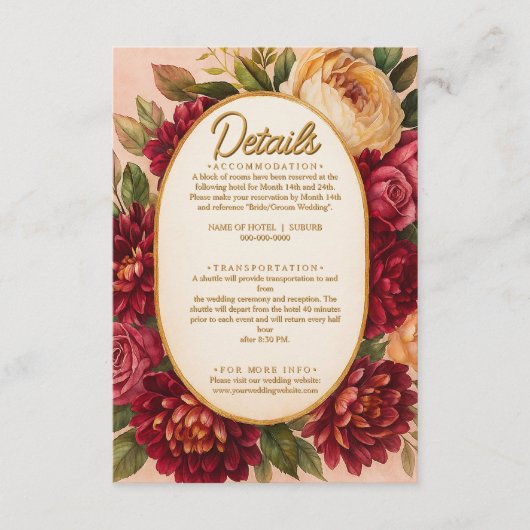 Blush Bourgogne Bloemen Waterverf bruiloft Informatiekaartje (Voorkant)