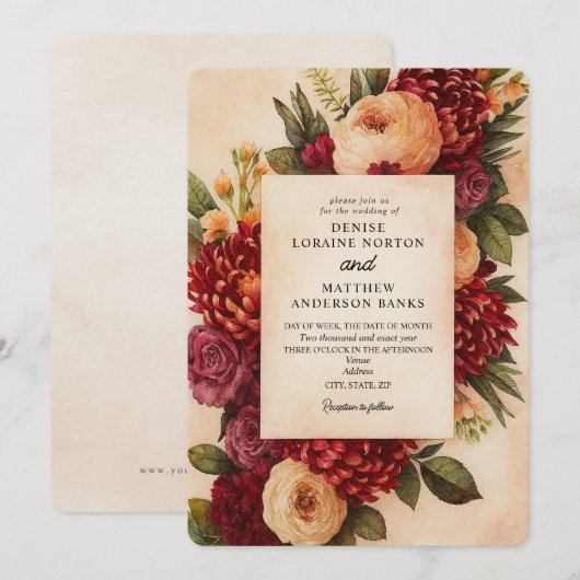 Blush Bourgogne Bloemen Waterverf bruiloft Kaart (Voorkant / Achterkant)