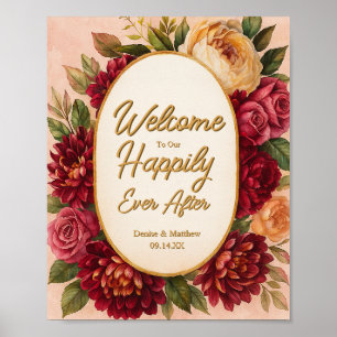 Blush Bourgogne Bloemen Waterverf bruiloft Poster