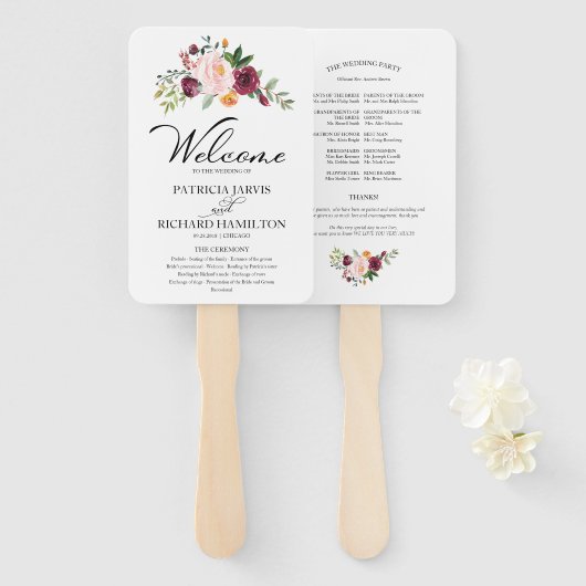 Blush Bourgogne Bloemen Waterverf Trouwprogramma Handwaaier (Voorkant en achterkant)