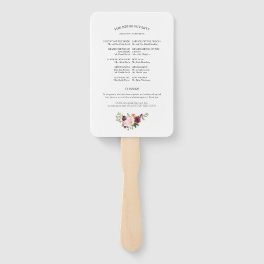 Blush Bourgogne Bloemen Waterverf Trouwprogramma Handwaaier (Achterkant)