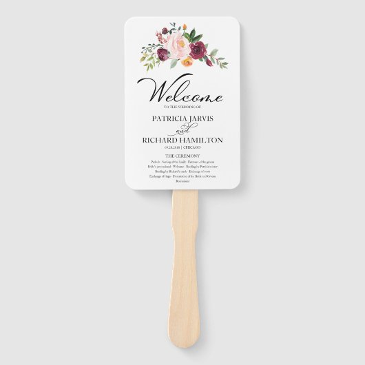 Blush Bourgogne Bloemen Waterverf Trouwprogramma Handwaaier (Voorkant)