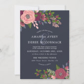 Blush & Bourgogne - Donkerblauwe bruiloft uitnodig Kaart (Voorkant)