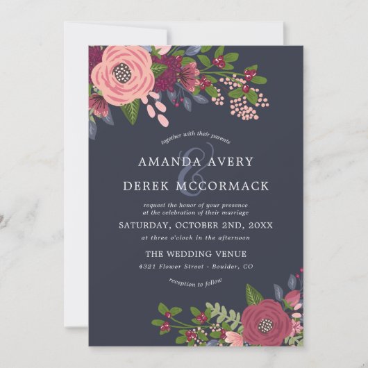 Blush & Bourgogne - Donkerblauwe bruiloft uitnodig Kaart (Voorkant)