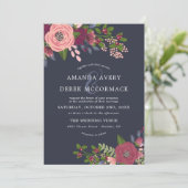 Blush & Bourgogne - Donkerblauwe bruiloft uitnodig Kaart (Staand voorkant)