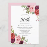 Blush & Bourgogne Floral 90th Birthday Party Invit Kaart<br><div class="desc">Blush & Bourgogne Floral 90th Birthday Party Invite Bekijk passend collectie in Niche en Nest Store</div>