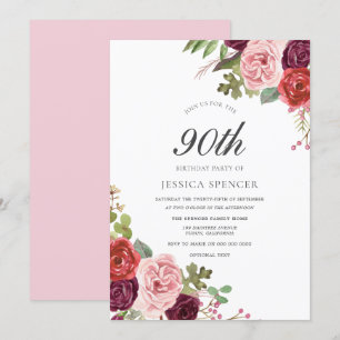 Blush & Bourgogne Floral 90th Birthday Party Invit Kaart