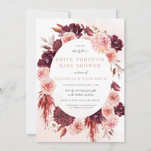 Blush Bourgogne Floral drive by Girl Baby shower Kaart (Voorkant)