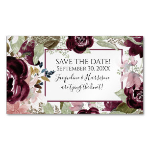 Blush Bourgogne Floral Elegant Foliage Save Date Magnetisch Visitekaartje
