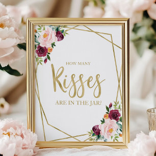 Blush Bourgogne Floral Hoeveel kisses ondertekenen Poster