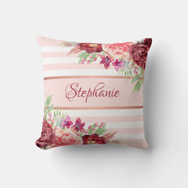 Blush Bourgogne Floral Stripes Naam Monogram Kussen (Voorkant)