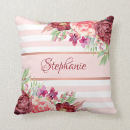 Blush Bourgogne Floral Stripes Naam Monogram Kussen