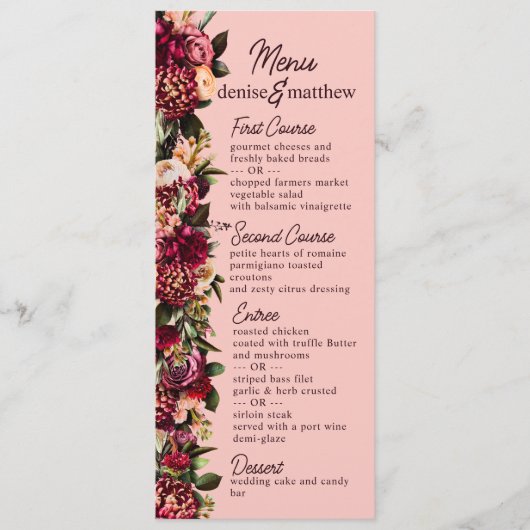 Blush Bourgogne Floral Waterverf Menu (Voorkant)
