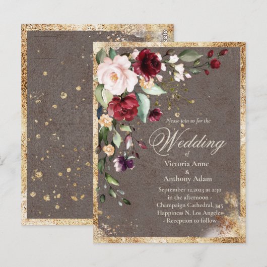 Blush Bourgogne Floral Waterverf Rustic Weddenscha Briefkaart (Voorkant / Achterkant)
