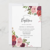 Blush & Bourgogne Flowers Baptism Invitation Kaart (Voorkant)