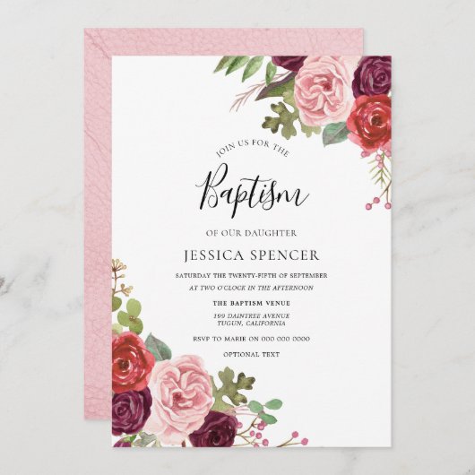 Blush & Bourgogne Flowers Baptism Invitation Kaart (Voorkant / Achterkant)