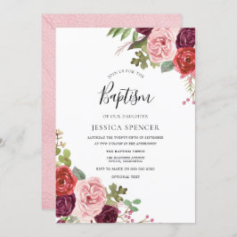 Blush & Bourgogne Flowers Baptism Invitation Kaart