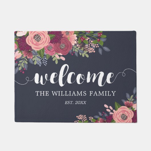 Blush & Bourgogne Flowers - Familienaam - Welkom Deurmat (Voorkant)