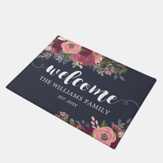 Blush & Bourgogne Flowers - Familienaam - Welkom Deurmat (Schuin)