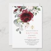 Blush Bourgogne Flowers Gold Cross Girl Baptisme Kaart (Voorkant)