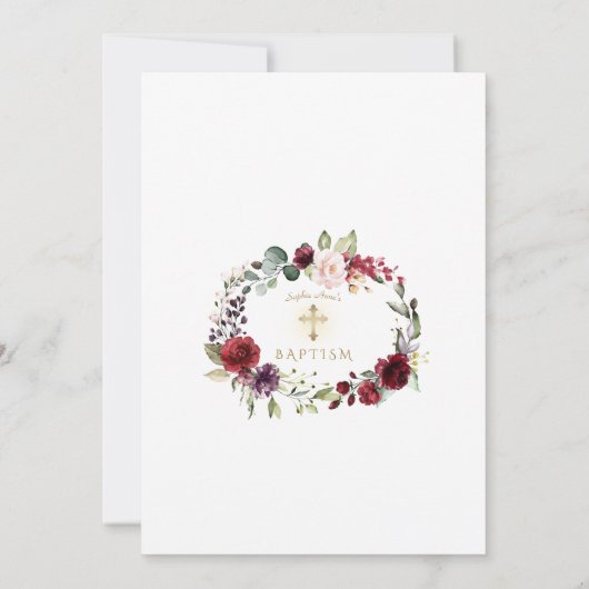 Blush Bourgogne Flowers Gold Cross Girl Baptisme Kaart (Achterkant)