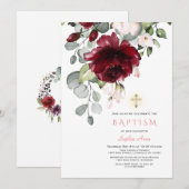 Blush Bourgogne Flowers Gold Cross Girl Baptisme Kaart (Voorkant / Achterkant)