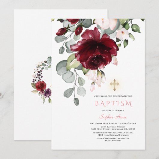 Blush Bourgogne Flowers Gold Cross Girl Baptisme Kaart (Voorkant / Achterkant)