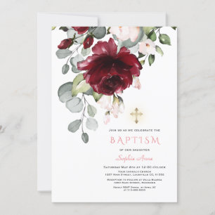 Blush Bourgogne Flowers Gold Cross Girl Baptisme Kaart