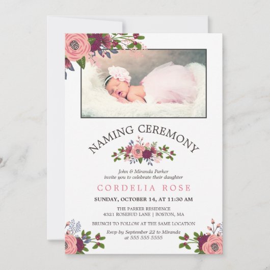 Blush & Bourgogne Flowers - Naming Ceremony Kaart (Voorkant)