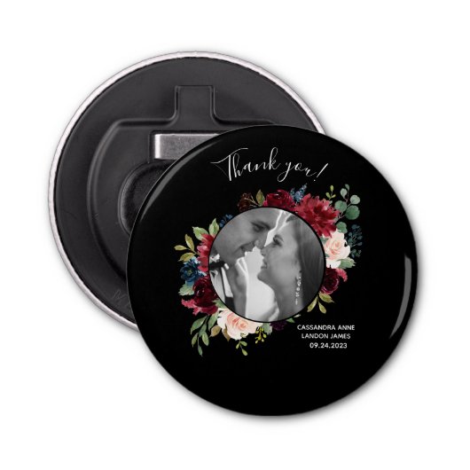 Blush Bourgogne Foto Floral Elegant Wedding Button Flesopener (Voorkant)