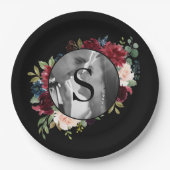 Blush Bourgogne Foto Monogram Floral Weddenschap Papieren Bordje (Voorkant)
